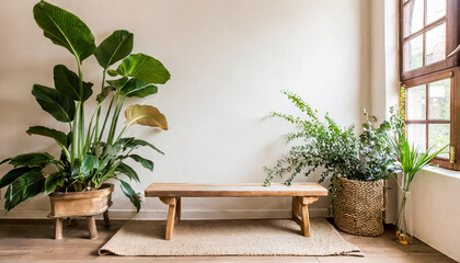 boho white and beige interior with a wooden bench near the empty wall and green houseplants modern minimalist entryway in the house background for mockups - obrazy, fototapety, plakaty