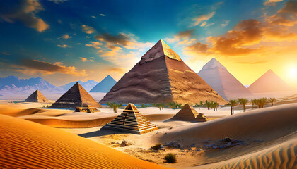 egyptian pyramids on the background of the desert sands created with the help of artificial intelligence - obrazy, fototapety, plakaty