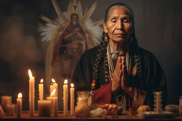 old native American Indian woman in traditional clothing