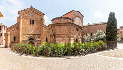 Fototapeta na wymiar Panoramic Exposure of the Basilica Santuario Santo Stefano - Complesso delle Sette Chiese, Cluster of Chapels, crypts and vaults built over centuries, displaying remains of medieval frescoes.