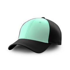 A mint green and black baseball cap on a white background.