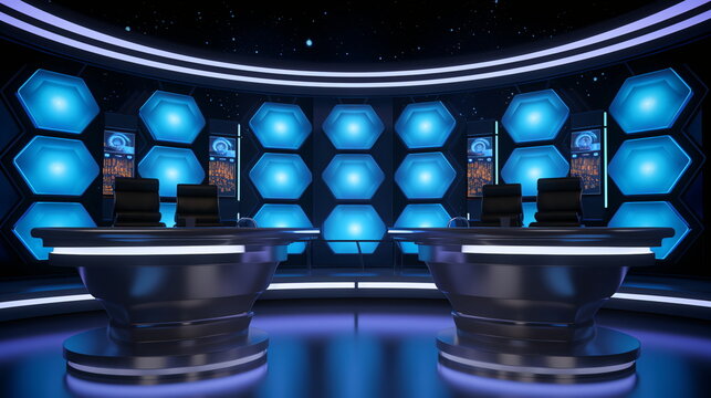 Neon-Lit TV Game Show Studio with Futuristic Design