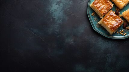 baklava imagery in a minimalistic photographic approach, top view, with blue background, artistic arrangement and ambiance, with empty copy space 