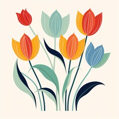 A group of colorful tulips on a white background.