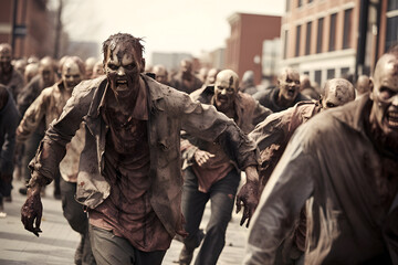 Group of zombies running on the street of small town at day time. Neural network generated image. Not based on any actual person or scene.