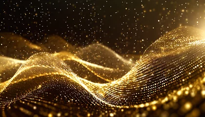Gordijnen digital gold particles wave and light abstract background with shining dots stars © Alicia