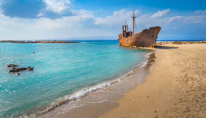 the sandy beach of cyprus is home to an ancient rusty ship a silent relic of maritime history - obrazy, fototapety, plakaty