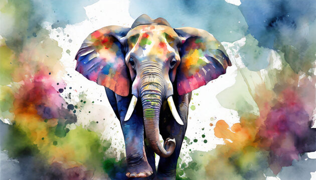watercolor colorful elephant painting realistic wild animal illustration created with generative ai technology