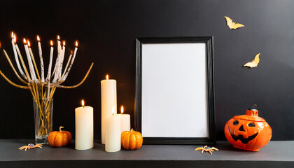 an empty vertical frame for mockup stands on the table near the candles black wall background halloween decor