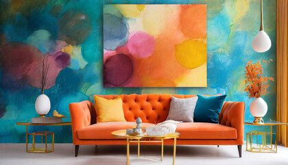 orange sofa with colorful pillows and abstract painting wall art modern interior for mockup wall art promotion background with copyspace