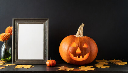 an empty vertical frame for mockup stands on the table near the jack o lantern pumpkin black wall background halloween decor