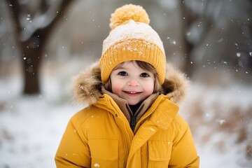 Cute child with happy face wearing a warm hat and warm jacket surrounded with snowflakes. Winter holidays concept