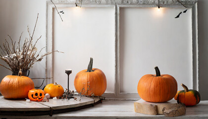 an empty white wall for halloween mockup jack o lantern pumpkins decor
