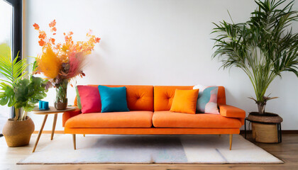 orange sofa with colorful pillows near a blank white wall and plants decor modern interior for mockup wall art promotion background with copyspace