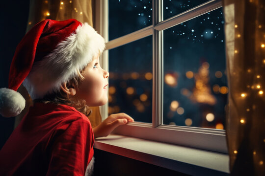 little child with santa hat looking through the window at home and waiting christmas