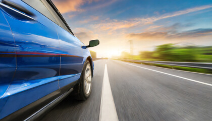 Fototapeta na wymiar rear view of car during high speed blue car rushing along a high speed highway
