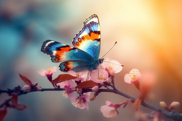 Beautiful butterfly on the branch of flowering apricot tree at sunrise. Elegant artistic image of nature. AI generated content.