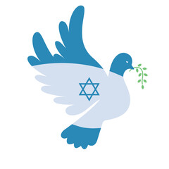 Dove with Israel flag color. Symbol of peace and World support concept. Flat vector illustration