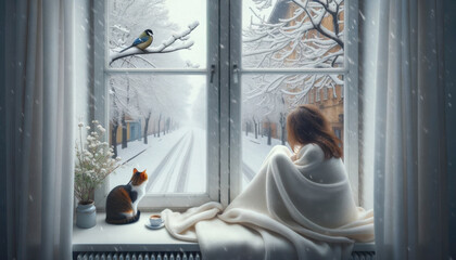 A girl and a cat watch a bird against the backdrop of a snowy landscape. Snow falls through the open window into the room - obrazy, fototapety, plakaty