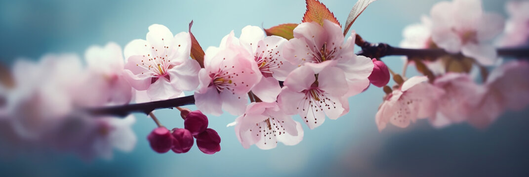 Pink cherry blossoms on a branch. Delicate macro shot of almond blossom or sakura close-up. Banner image. AI generated content.