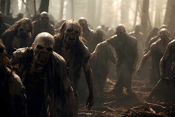 Group of zombies standing in the spring forest at misty day. Neural network generated image. Not based on any actual person, scene or pattern.