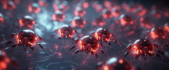 Nanobots swarming together in a coordinated dance, exhibiting advanced AI. - obrazy, fototapety, plakaty