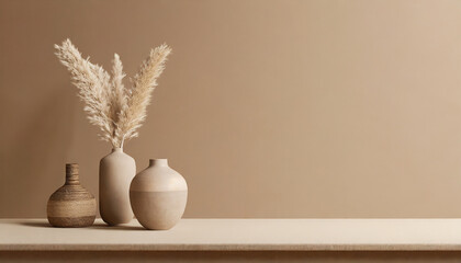 boho beige copy space background monochrome minimalist empty table with vase wall scene mockup...