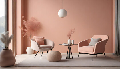 modern cozy living room with monochrome blush pink and peach wall contemporary interior design with...