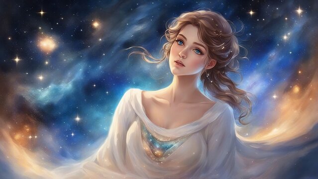 anime cartoon inspired anime        A gorgeous woman in a galaxy nebula, painted with watercolor. She has brown hair  