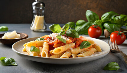penne pasta with tomato sauce parmesan cheese and basil on plate generative ai