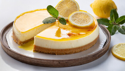 cheesecake with lemon cream on white background