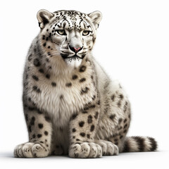 Portrait of the beautiful fluffy snow leopard isolated on white background. AI generated content.
