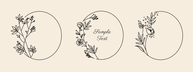 Floral frames with flowers, branch and leaves. Vector illustration for labels, branding business identity, wedding invitation