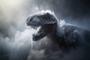 AI generated image of a frozen and ice-covered tyrannosaurus on the natural defocused dramatic...