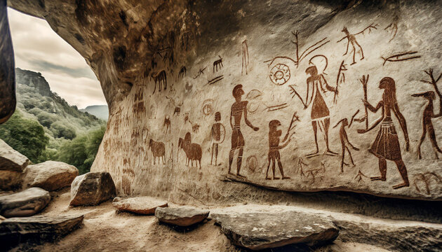 rock paintings on the wall of a cave prehistoric tribe generative ai