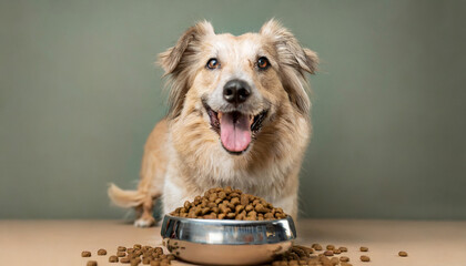 pampered pooch delighted dog enjoying a hearty meal smiling happy dog standing in front of bowl...