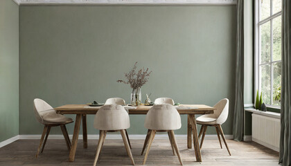 dining room interior with wood table in rustic style neutral sage green empty blank wall background for mockup