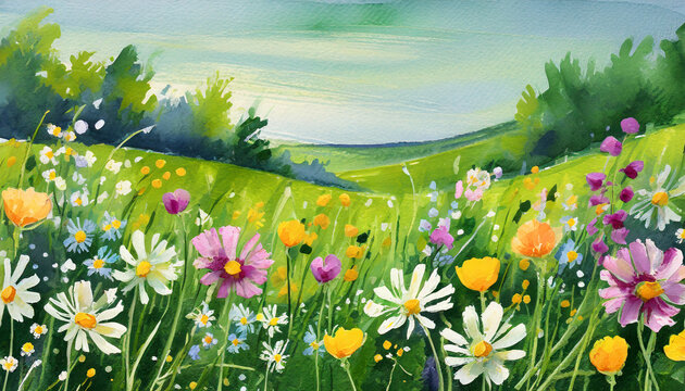 wild flowers meadow green field paintings hand paint floral in meadows spring background