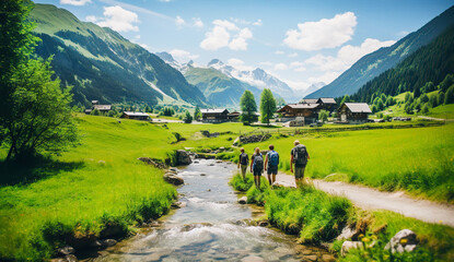 Sunny day in Alps, candid photo group of people hiking together in mountains, walking by river stream,  beautiful green fields and snow covered mountains