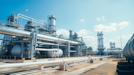 Industrial storage zone for oil, gas terminal tanks. Oil refinery plant pipe line at sunny day. 