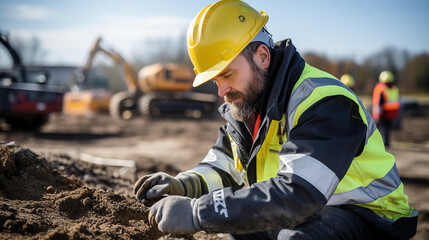 Portrait of ciivil engineer, construction manager in hard-helmet at  building site.
