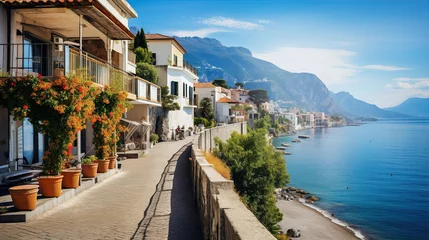 Cercles muraux Plage de Positano, côte amalfitaine, Italie Amalfi coast look-like landscape, Italian town on the sea, terraced houses decorated with flowers. Mediterranean travel concept