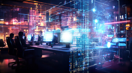 People working in open space glass cube with projecting running digits at the walls. Futuristic office working environment 