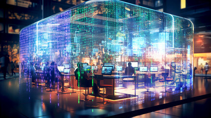 People working in open space glass cube with projecting running digits at the walls. Futuristic office working environment 