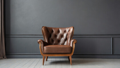 a beautiful and stylish brown leather armchair in front of a dark grey empty wall generative ai