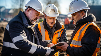 Construction manager talks to his team, discussing progress and plan at construction site - Powered by Adobe