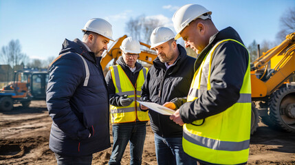 Construction manager talks to his team, discussing progress and plan at construction site