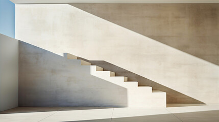 Minimalistic interior with concrete great walls, stairs and artistic shadows.