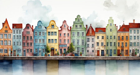 Fototapeta premium Beautiful European periodic town houses on canal look-like Amsterdam. Front view watercolour illustration