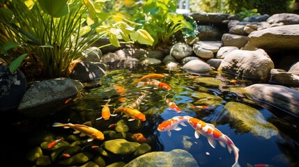 Koi Fish Dance Among Water Lilies in Sun-Dappled Pond,A Kaleidoscope of Koi Glide Through a Verdant Underwater World,Sunlight and Shadows Intertwine with Koi in a Lush Pond Tableau